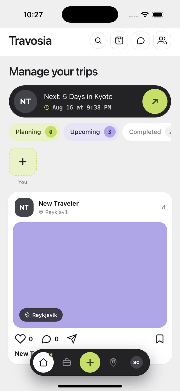 Travosia home feed showing upcoming trips, trip status chips and a shared trip card