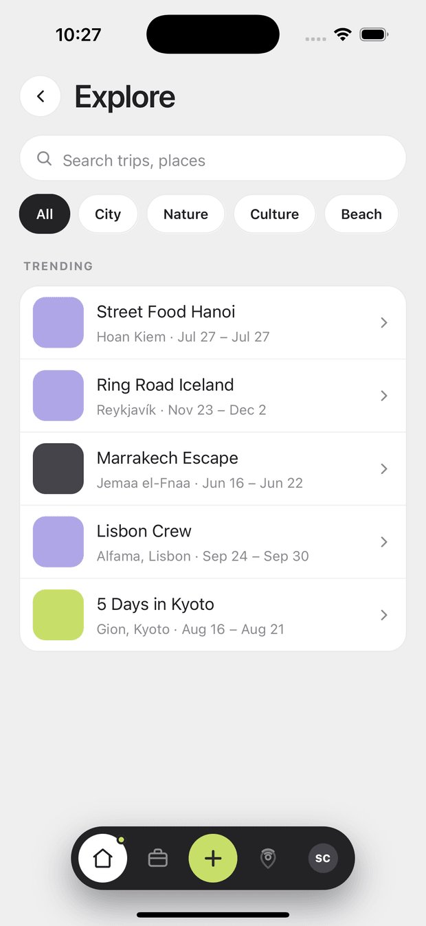 Travosia explore screen listing trips by destination and date