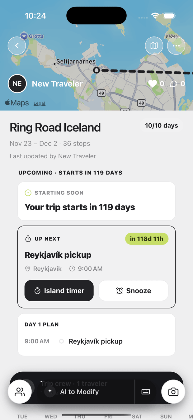 A Travosia trip: the Ring Road Iceland itinerary with its route on Apple Maps and the next stop up front